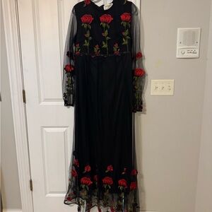 Elegant Black and Red Floral Embroidered Dress